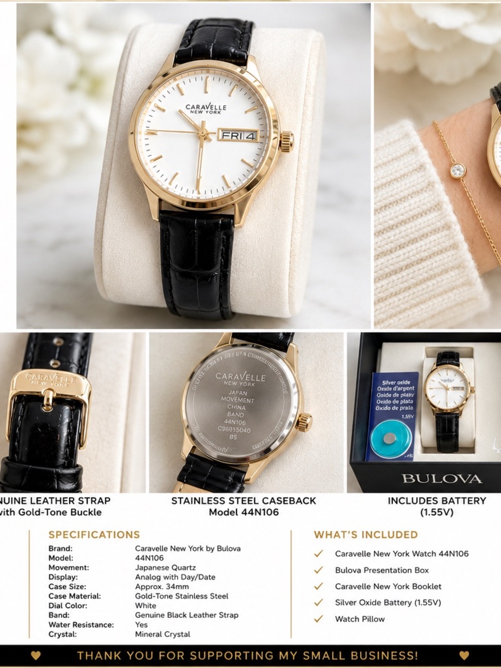 Bulova Gold and Black Leather Dress Watch with White Dial
